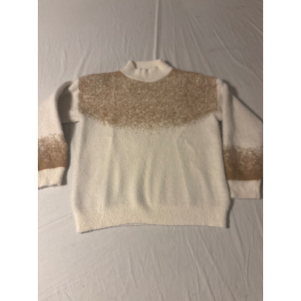 Fuzzy‎ Mock Neck Colorblock Sweater Womens Small White Tan  Knit Pullover